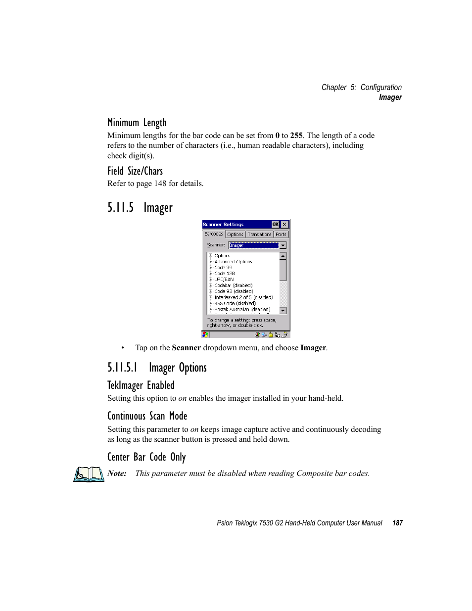5 imager, 1 imager options, Minimum length | Field size/chars, Tekimager enabled, Continuous scan mode, Center bar code only | Psion Teklogix Hand-Held Computer 7530 G2 User Manual | Page 215 / 296