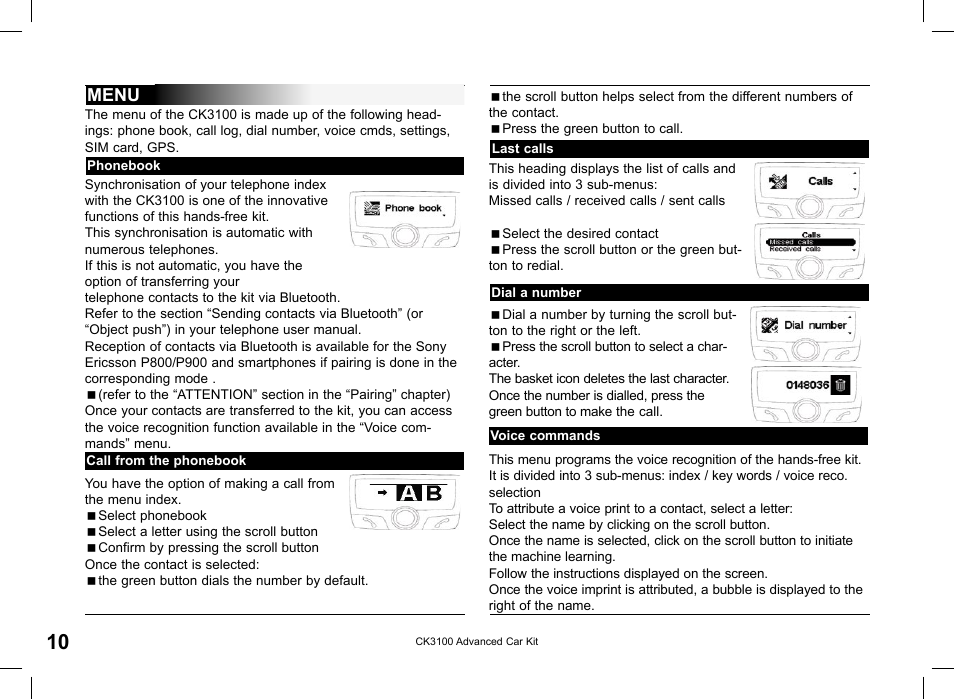 Menu | Parrot CK3100 User Manual | Page 10 / 80