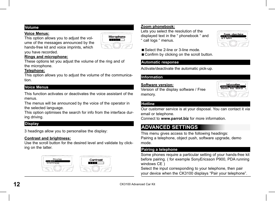 Advanced settings | Parrot CK3100 User Manual | Page 12 / 80