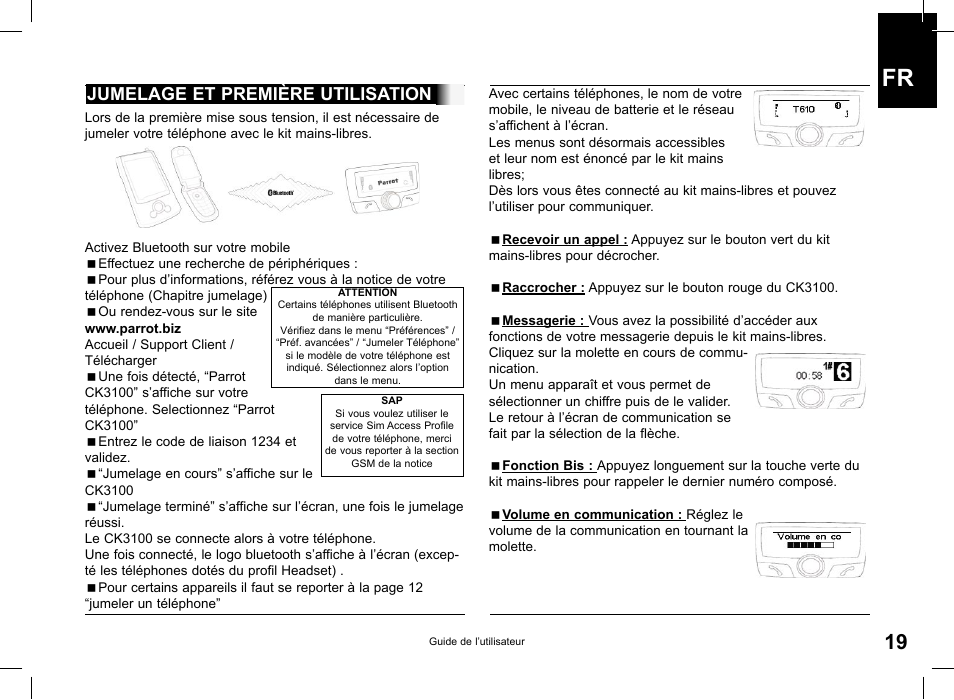 Jumelage et première utilisation | Parrot CK3100 User Manual | Page 19 / 80