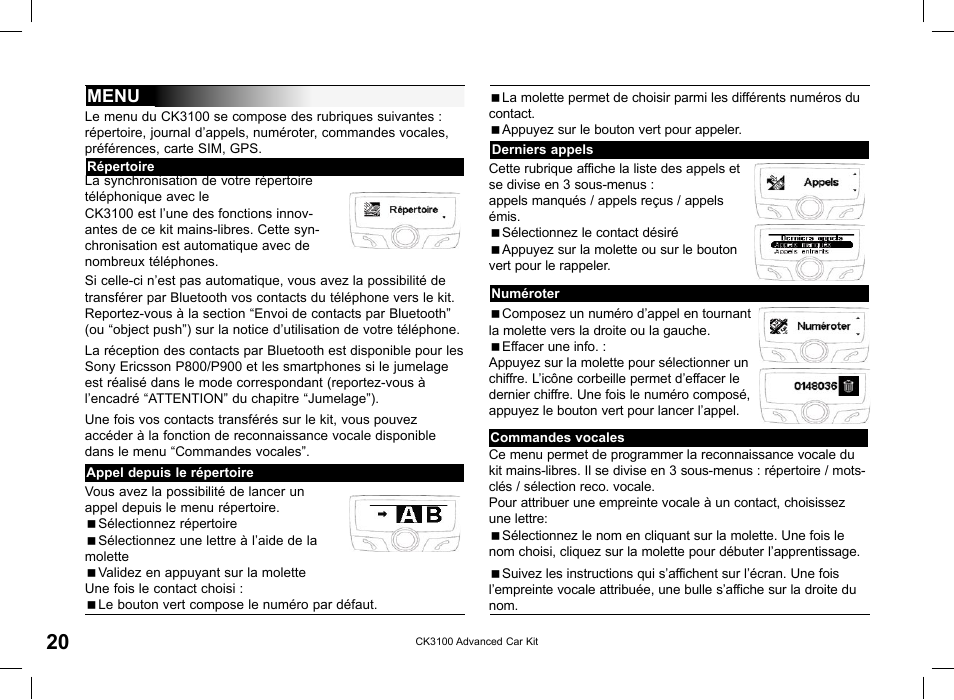 Menu | Parrot CK3100 User Manual | Page 20 / 80