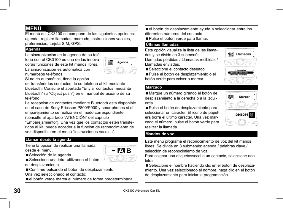 Menú | Parrot CK3100 User Manual | Page 30 / 80