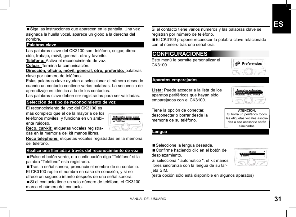 Configuraciones | Parrot CK3100 User Manual | Page 31 / 80