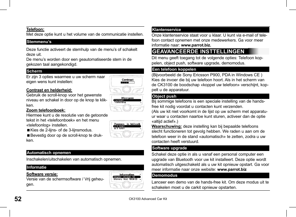 Geavanceerde insttellingen | Parrot CK3100 User Manual | Page 52 / 80