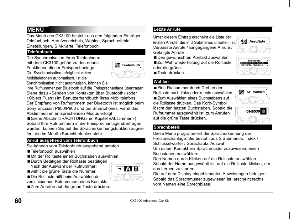 Menü | Parrot CK3100 User Manual | Page 60 / 80