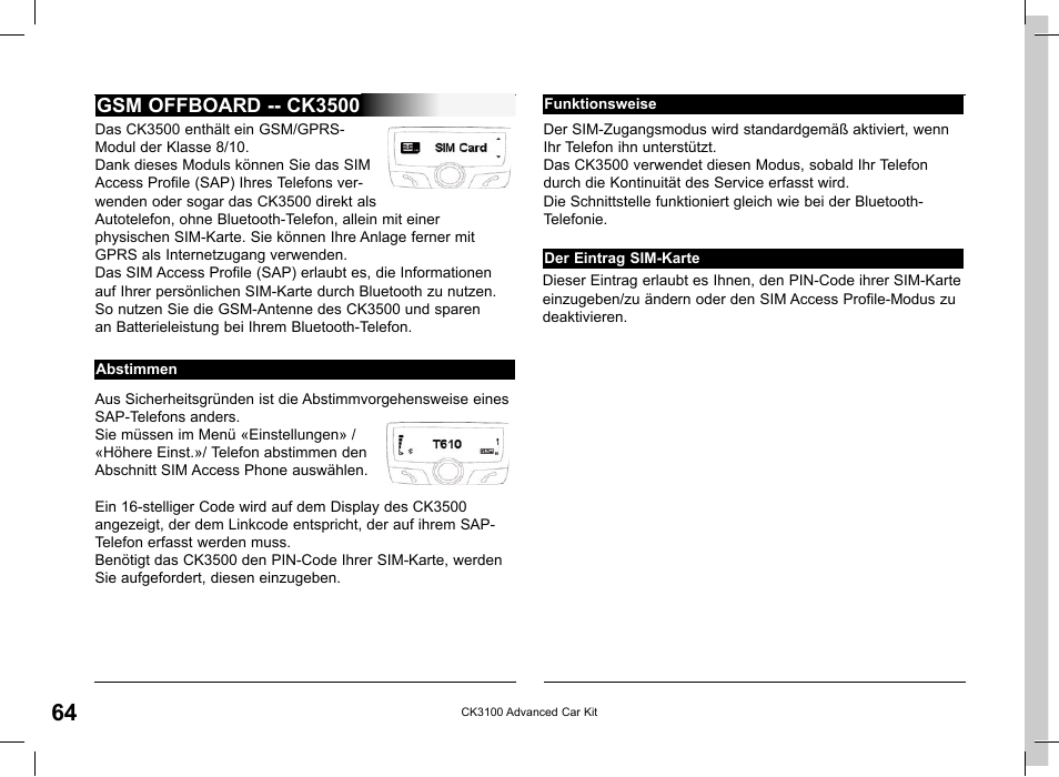 Gsm offboard -- ck3500 | Parrot CK3100 User Manual | Page 64 / 80