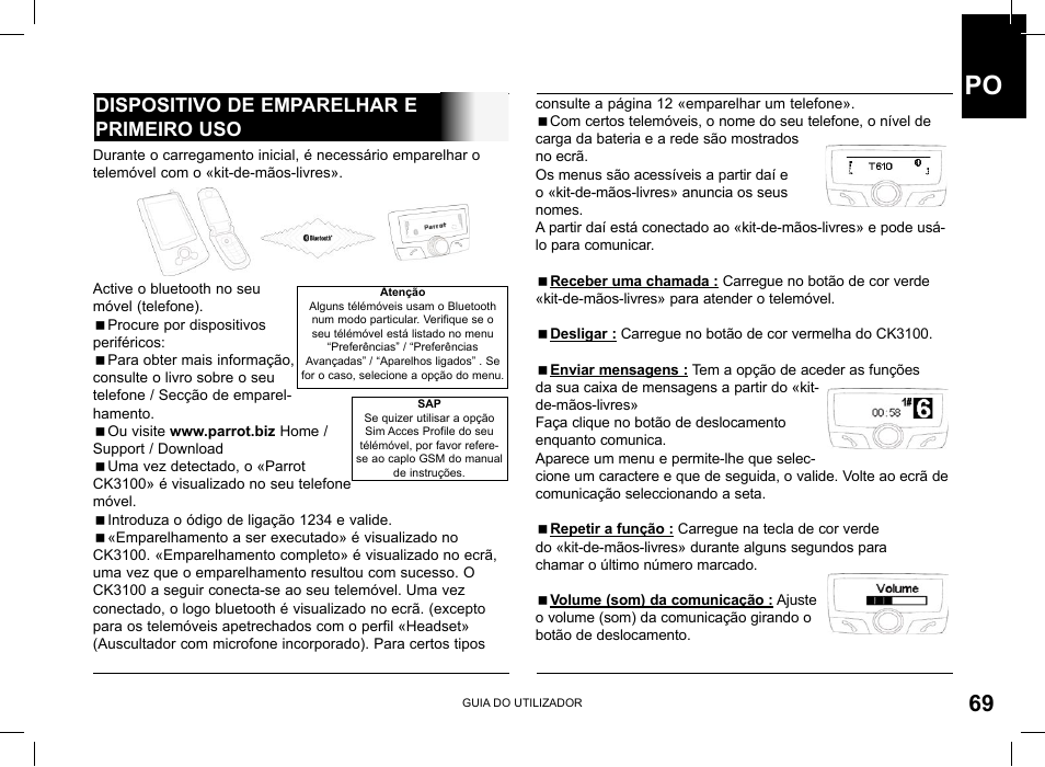 Dispositivo de emparelhar e primeiro uso | Parrot CK3100 User Manual | Page 69 / 80