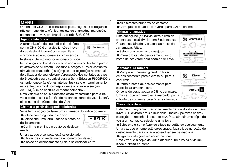 Menu | Parrot CK3100 User Manual | Page 70 / 80