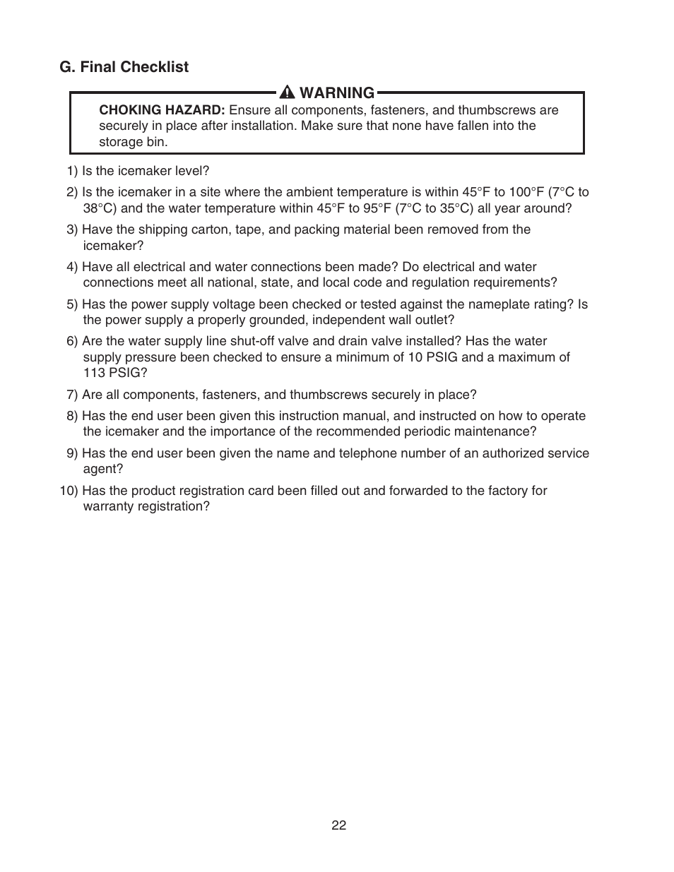G. final checklist | Perlick SELF CONTAINED H50IMS-ADR User Manual | Page 22 / 31
