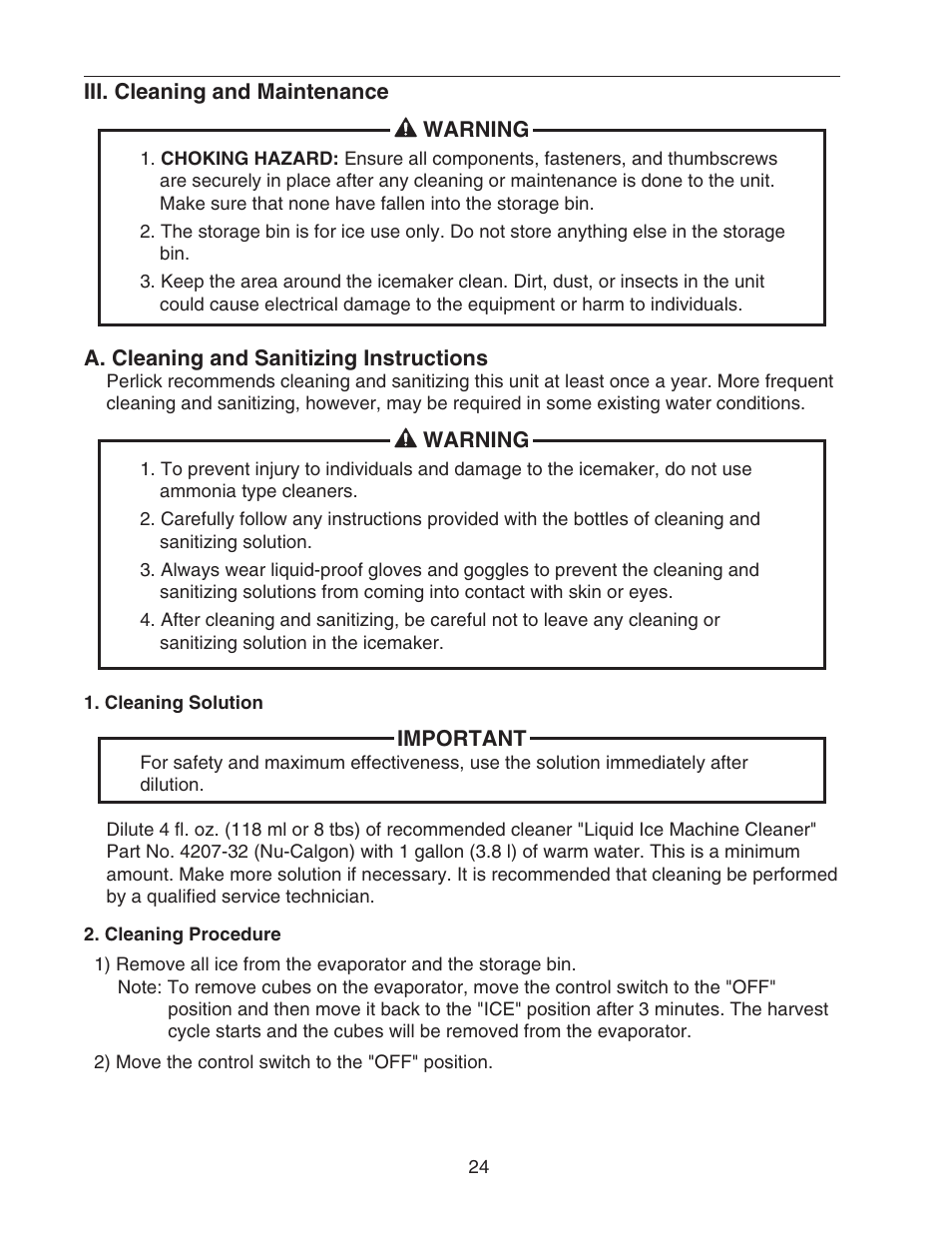 Iii. cleaning and maintenance, A. cleaning and sanitizing instructions, Cleaning solution | Cleaning procedure, Cleaning solution 2. cleaning procedure | Perlick SELF CONTAINED H50IMS-ADR User Manual | Page 24 / 31