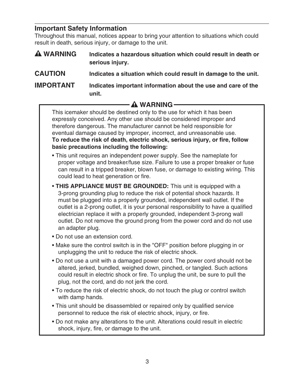 Important safety information | Perlick SELF CONTAINED H50IMS-ADR User Manual | Page 3 / 31