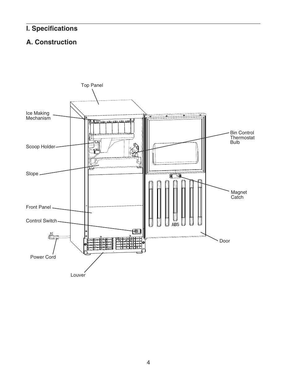 I. specifications, A. construction, I. specifications a. construction | Perlick SELF CONTAINED H50IMS-ADR User Manual | Page 4 / 31