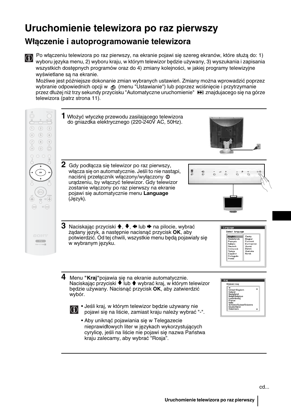 Uruchomienie telewizora po raz pierwszy, Włączenie i autoprogramowanie telewizora | Sony KLV-27HR3 User Manual | Page 80 / 134