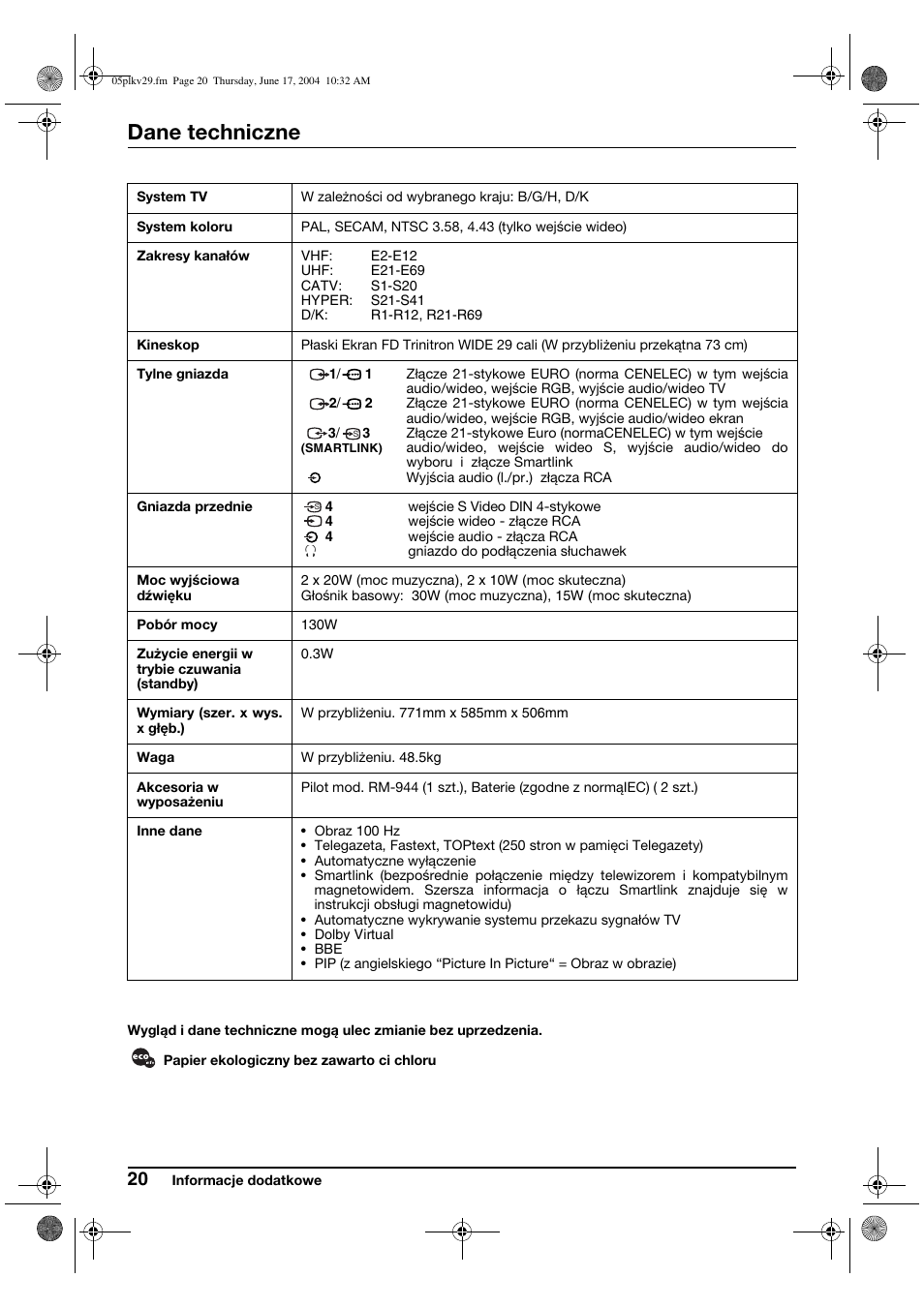 Dane techniczne | Sony KV-29XL70K User Manual | Page 100 / 124