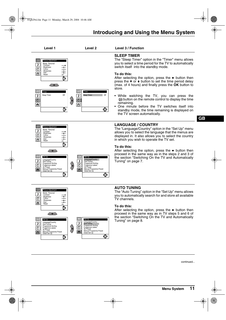 Introducing and using the menu system, Sleep timer, Language / country | Auto tuning | Sony KV-29XL70K User Manual | Page 11 / 124