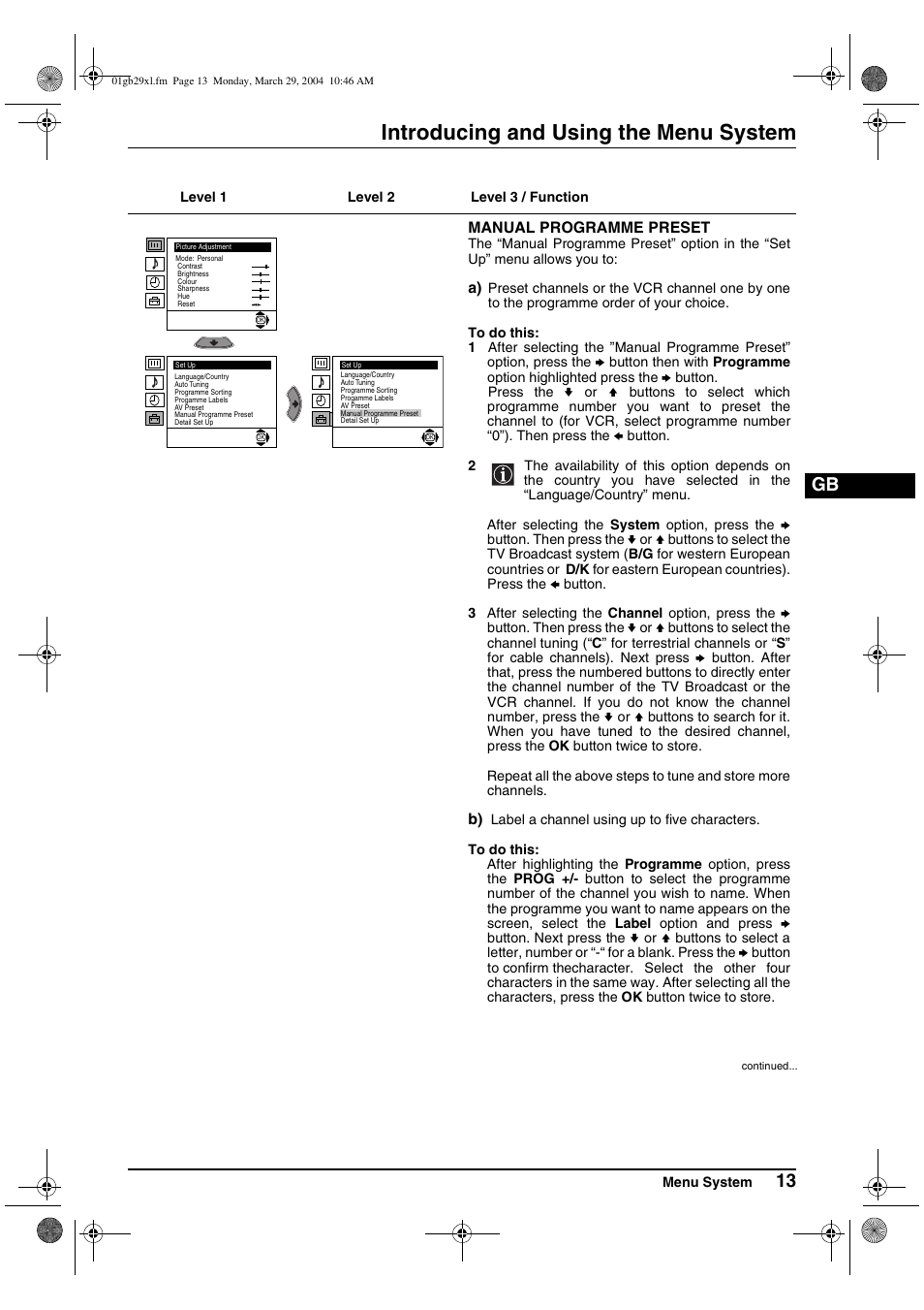 Introducing and using the menu system | Sony KV-29XL70K User Manual | Page 13 / 124