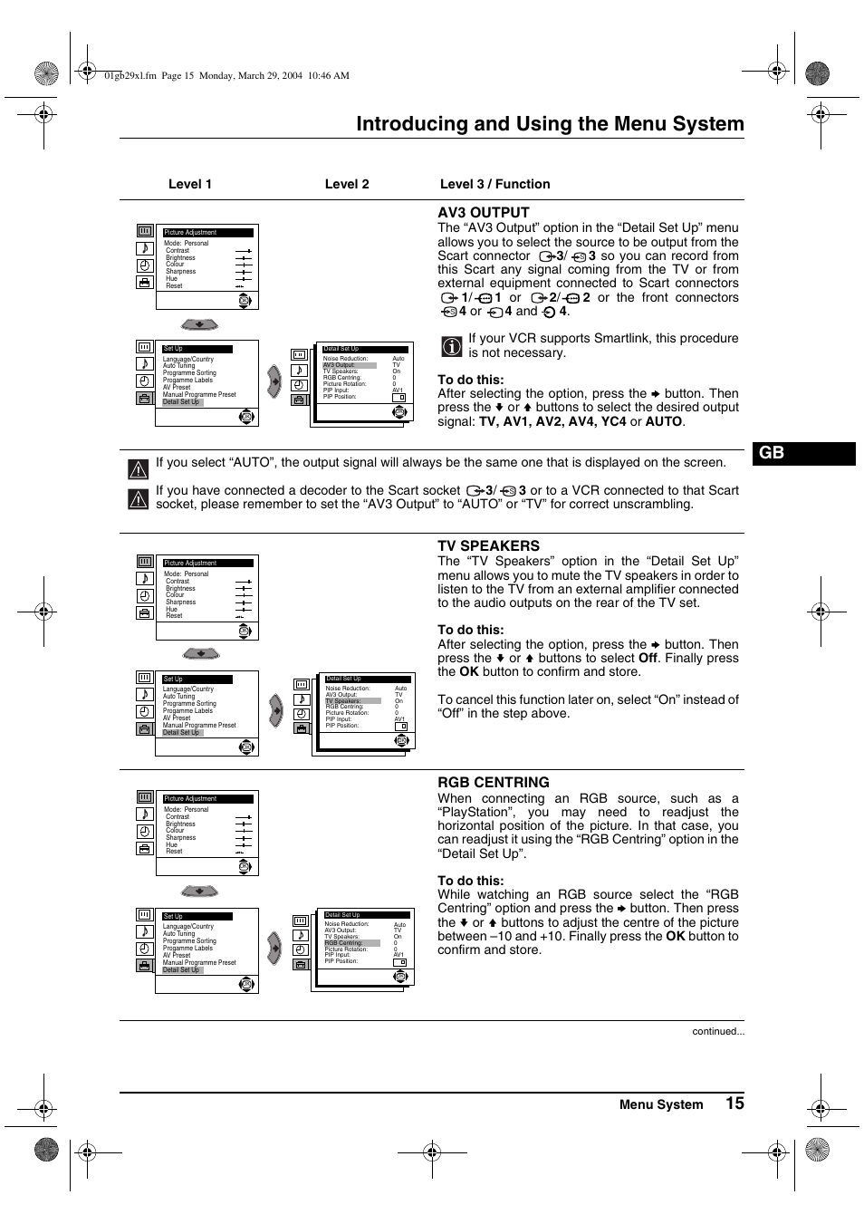 Introducing and using the menu system, Av3 output, Tv speakers | Rgb centring | Sony KV-29XL70K User Manual | Page 15 / 124