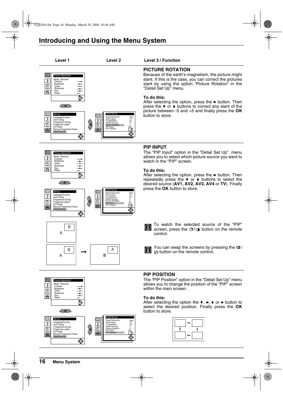 Introducing and using the menu system, Picture rotation, Pip input | Pip position | Sony KV-29XL70K User Manual | Page 16 / 124