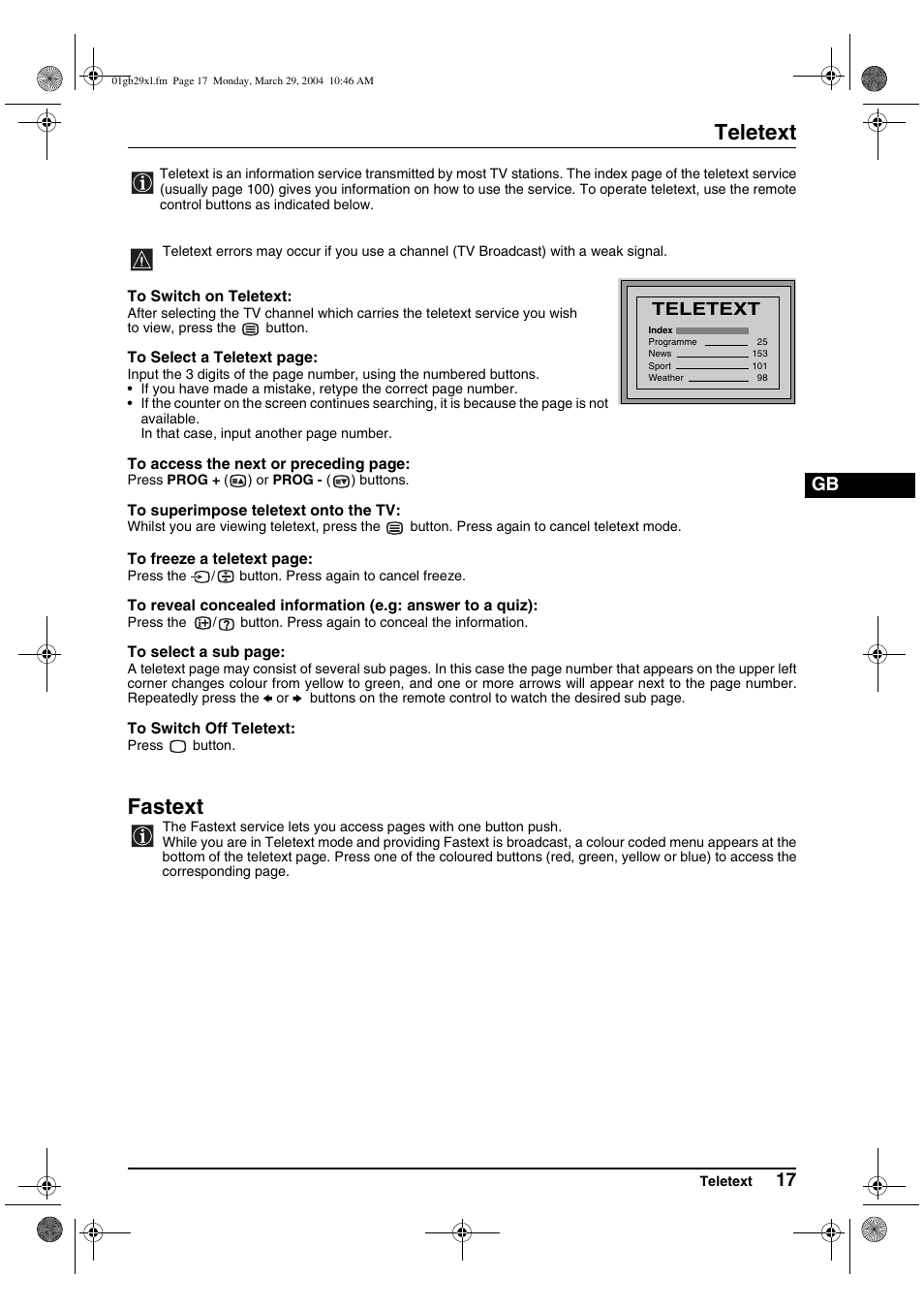 Teletext, Fastext | Sony KV-29XL70K User Manual | Page 17 / 124