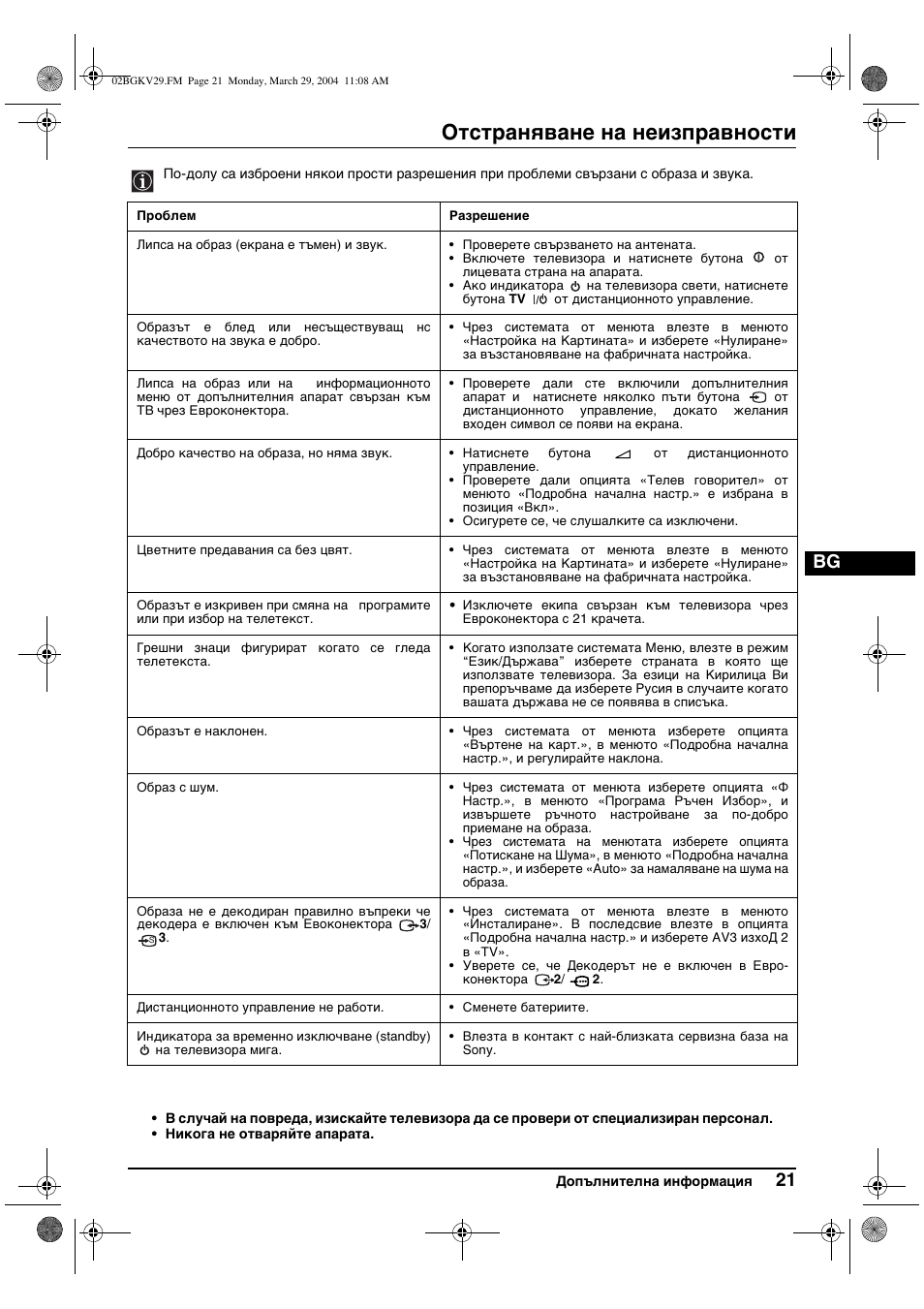 Отстраняване на неизправности | Sony KV-29XL70K User Manual | Page 41 / 124