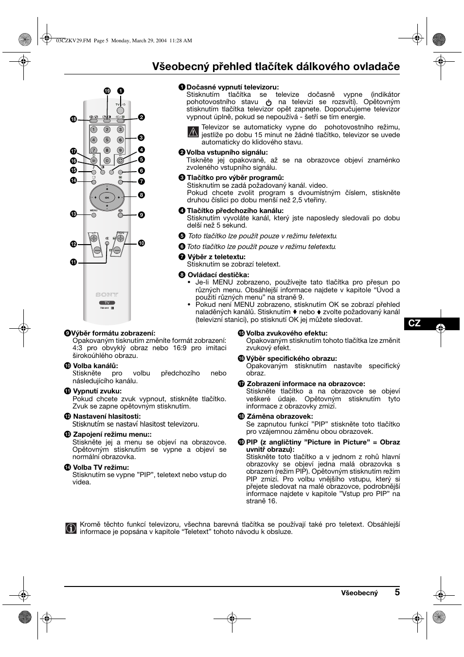Všeobecný přehled tlačítek dálkového ovladače | Sony KV-29XL70K User Manual | Page 45 / 124