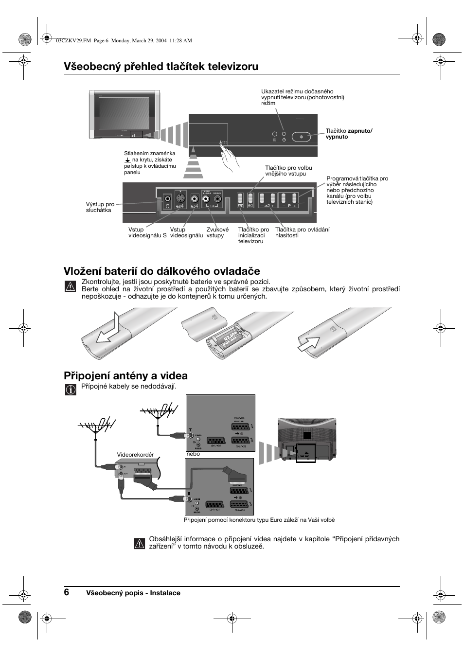 Všeobecný přehled tlačítek televizoru, Vložení baterií do dálkového ovladače, Připojení antény a videa | Sony KV-29XL70K User Manual | Page 46 / 124