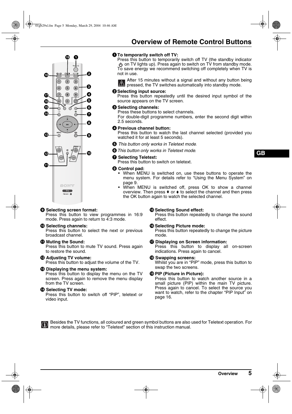 Overview of remote control buttons | Sony KV-29XL70K User Manual | Page 5 / 124