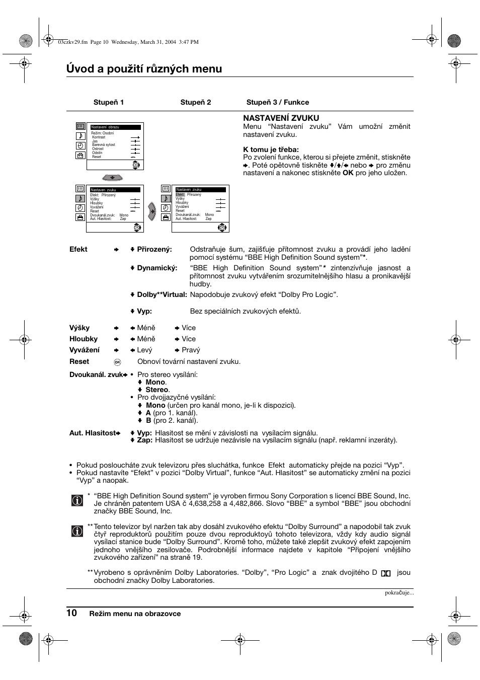 Úvod a použití různých menu | Sony KV-29XL70K User Manual | Page 50 / 124