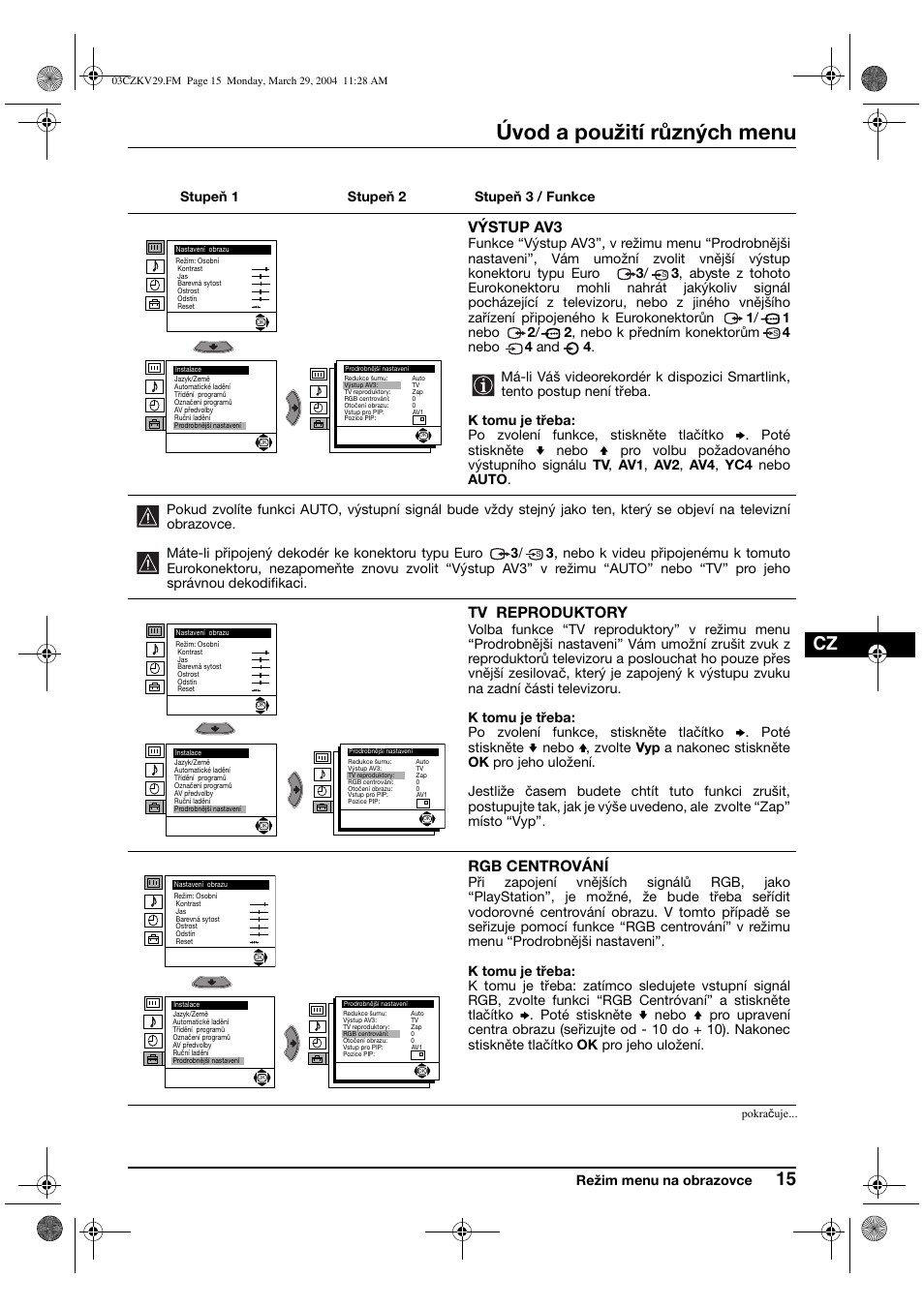 Úvod a použití různých menu, Výstup av3, Tv reproduktory | Rgb centrování | Sony KV-29XL70K User Manual | Page 55 / 124