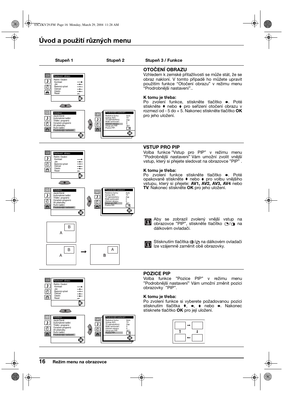 Úvod a použití různých menu, Otočení obrazu, Vstup pro pip | Pozice pip, Režim menu na obrazovce, Stupeň 1 stupeň 2 stupeň 3 / funkce | Sony KV-29XL70K User Manual | Page 56 / 124