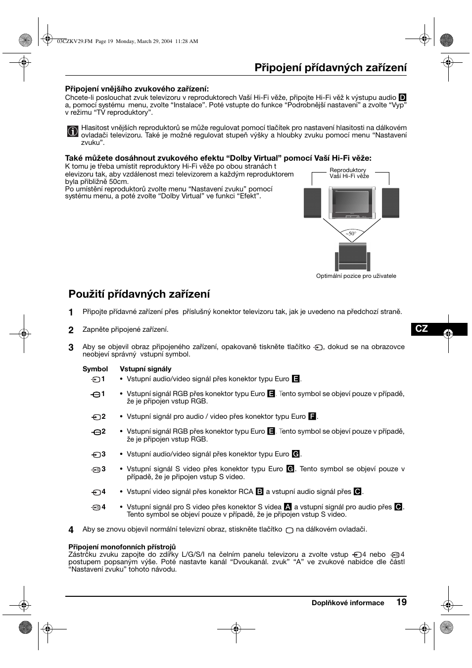 Připojení přídavných zařízení, Použití přídavných zařízení | Sony KV-29XL70K User Manual | Page 59 / 124