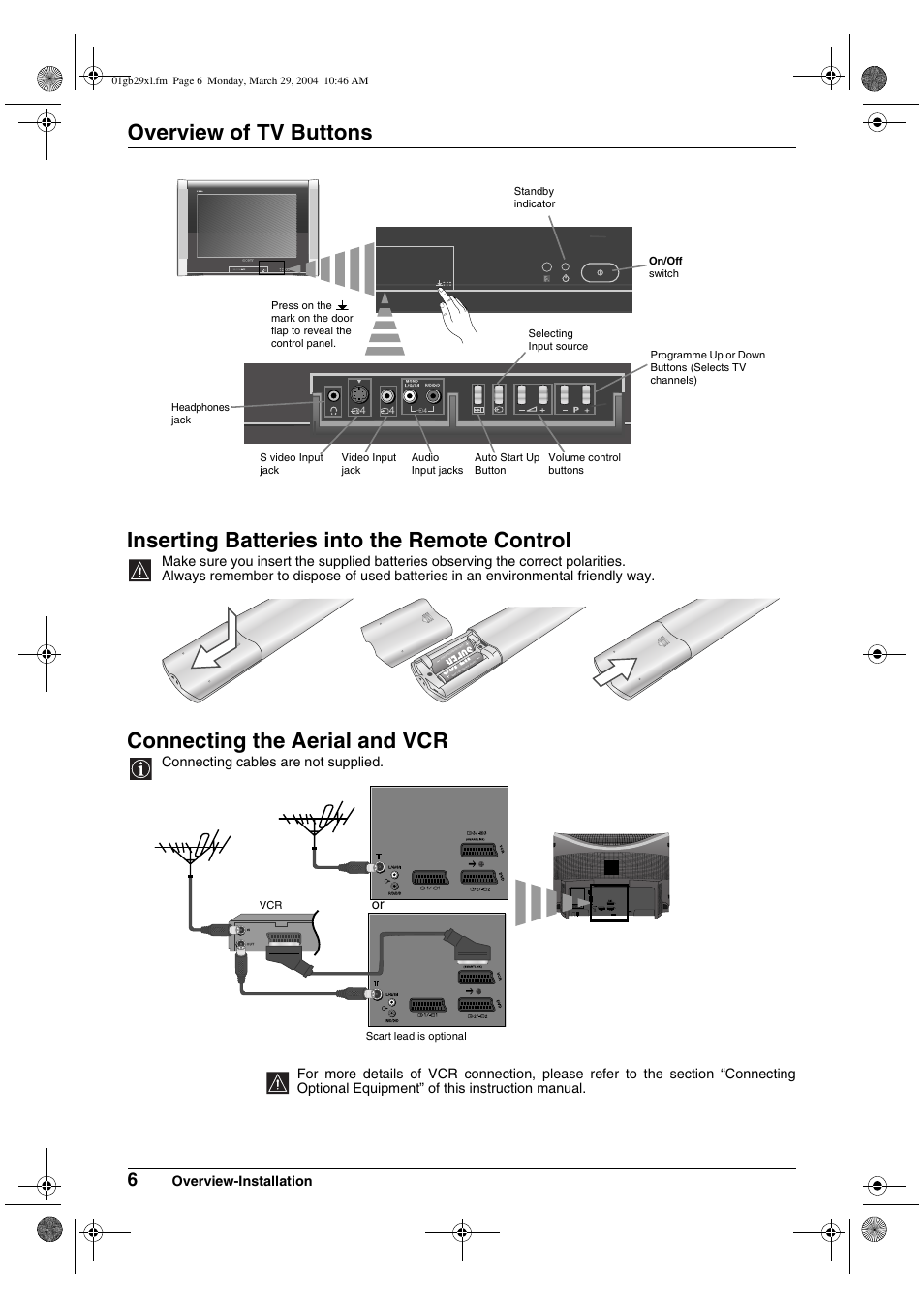 Overview of tv buttons, Inserting batteries into the remote control, Connecting the aerial and vcr | Sony KV-29XL70K User Manual | Page 6 / 124