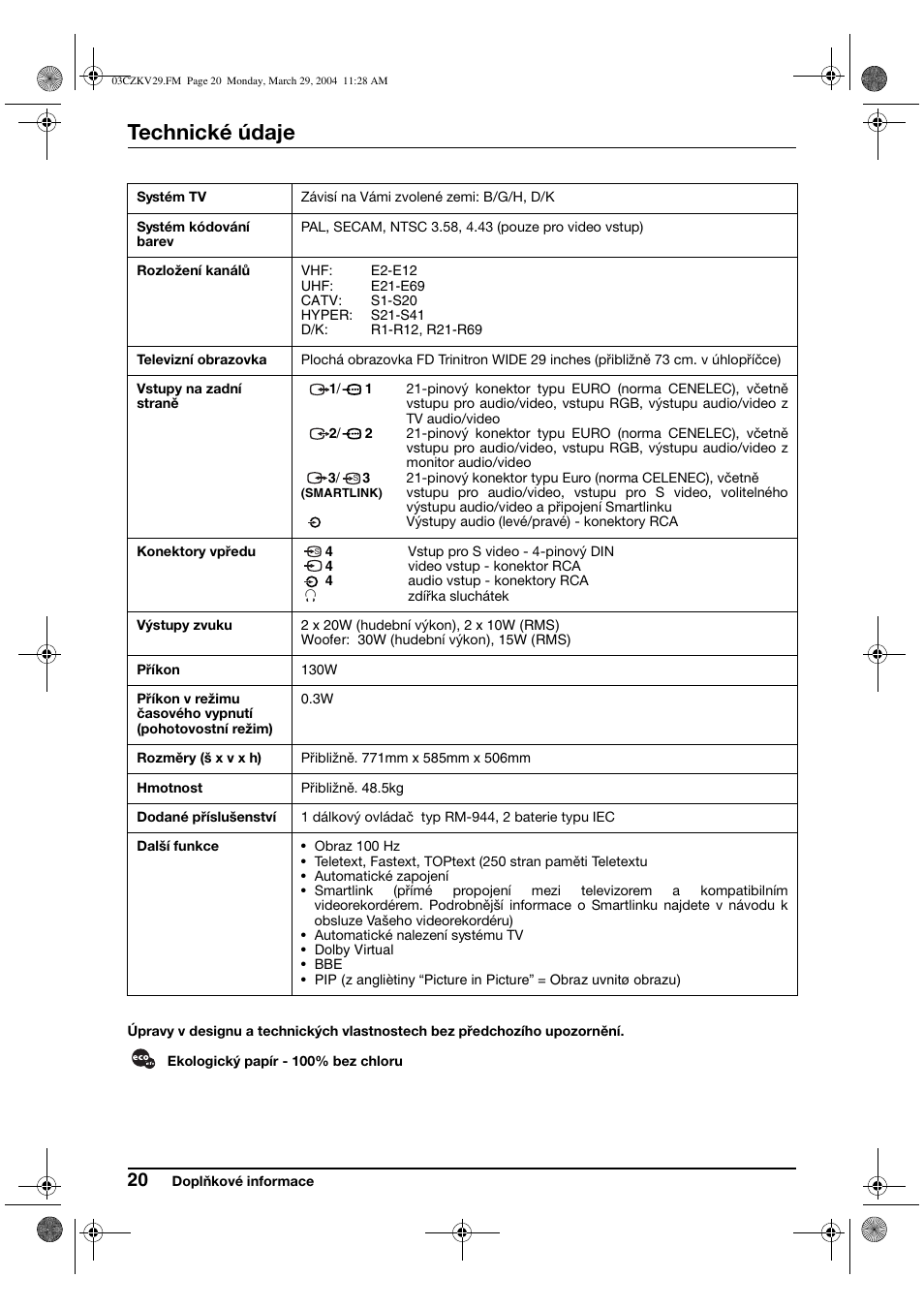 Technické údaje | Sony KV-29XL70K User Manual | Page 60 / 124