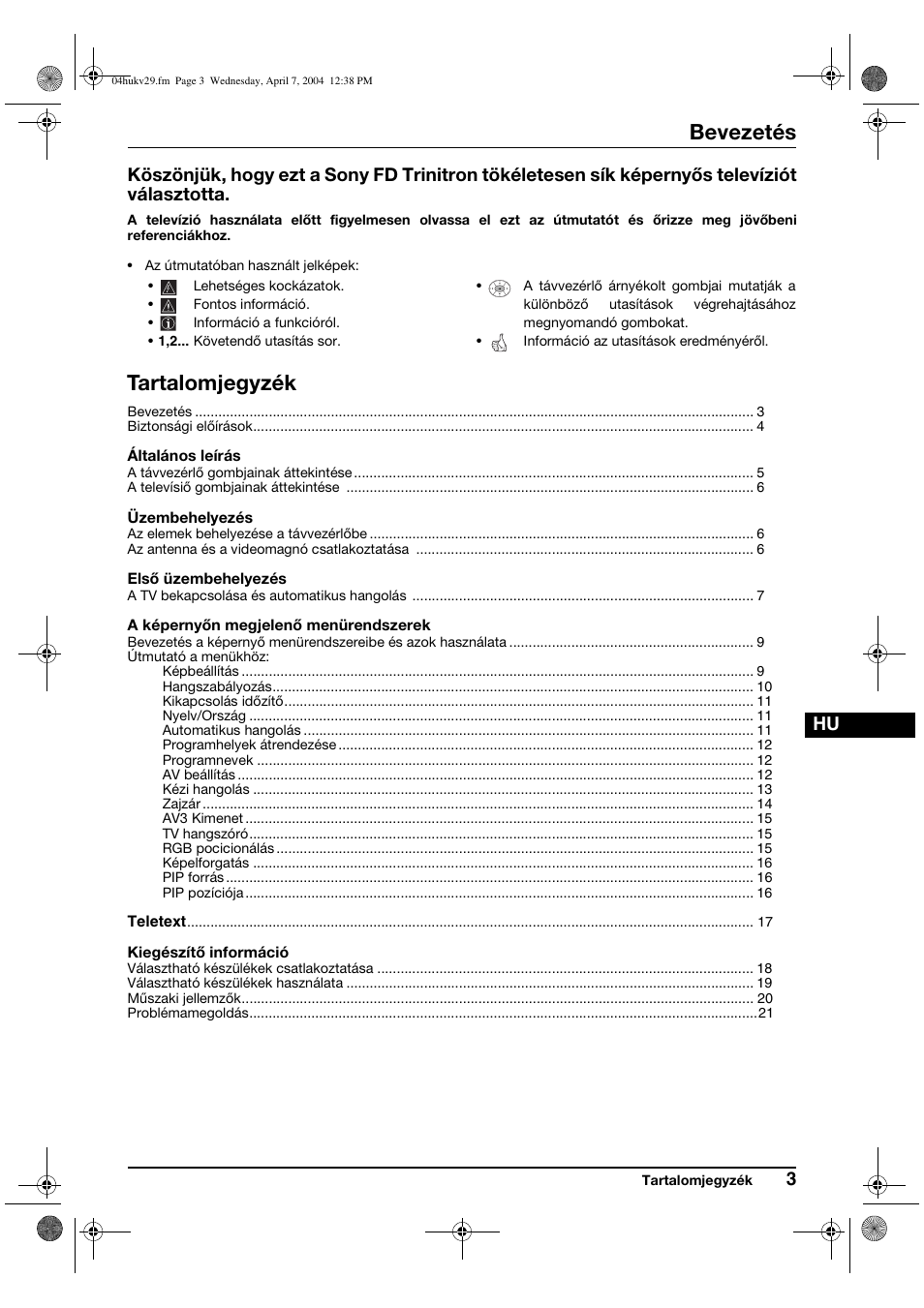 Bevezetés, Tartalomjegyzék | Sony KV-29XL70K User Manual | Page 63 / 124