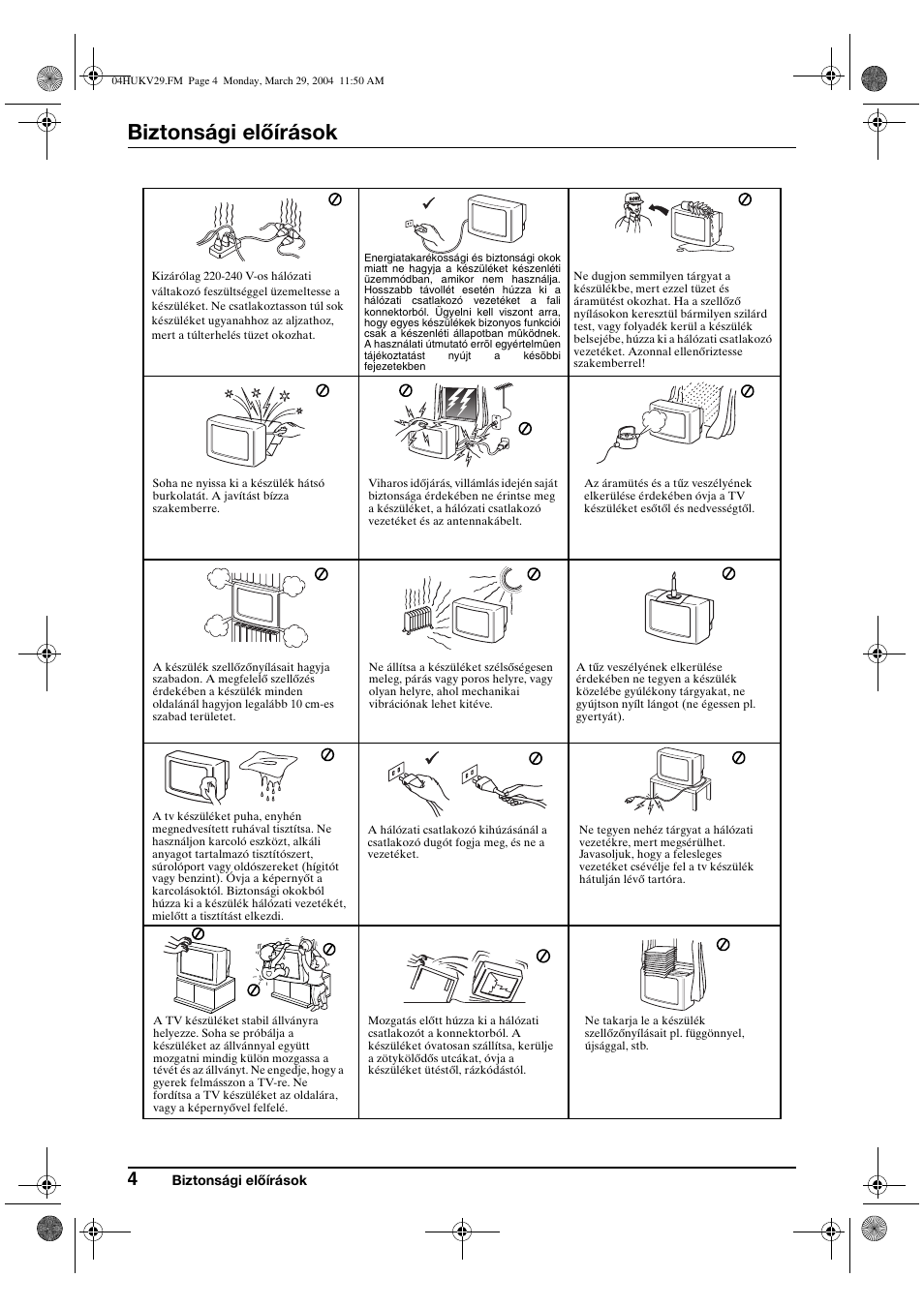 Biztonsági előírások | Sony KV-29XL70K User Manual | Page 64 / 124