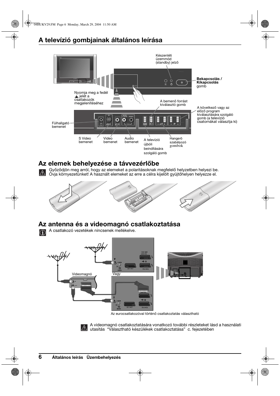 A televízió gombjainak általános leírása, Az elemek behelyezése a távvezérlőbe, Az antenna és a videomagnó csatlakoztatása | Sony KV-29XL70K User Manual | Page 66 / 124