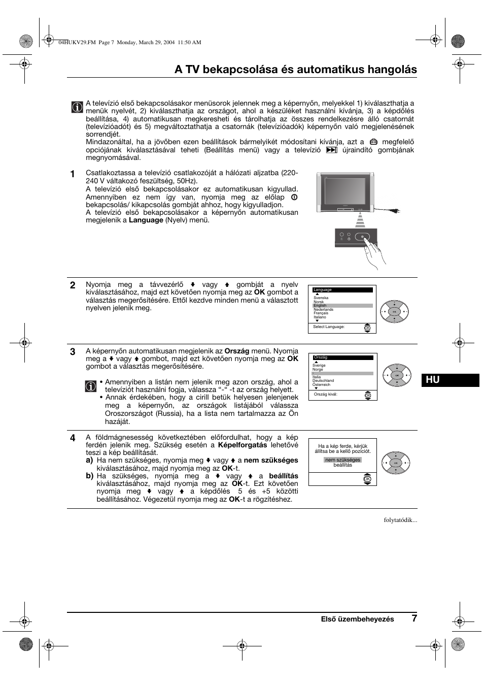 A tv bekapcsolása és automatikus hangolás | Sony KV-29XL70K User Manual | Page 67 / 124