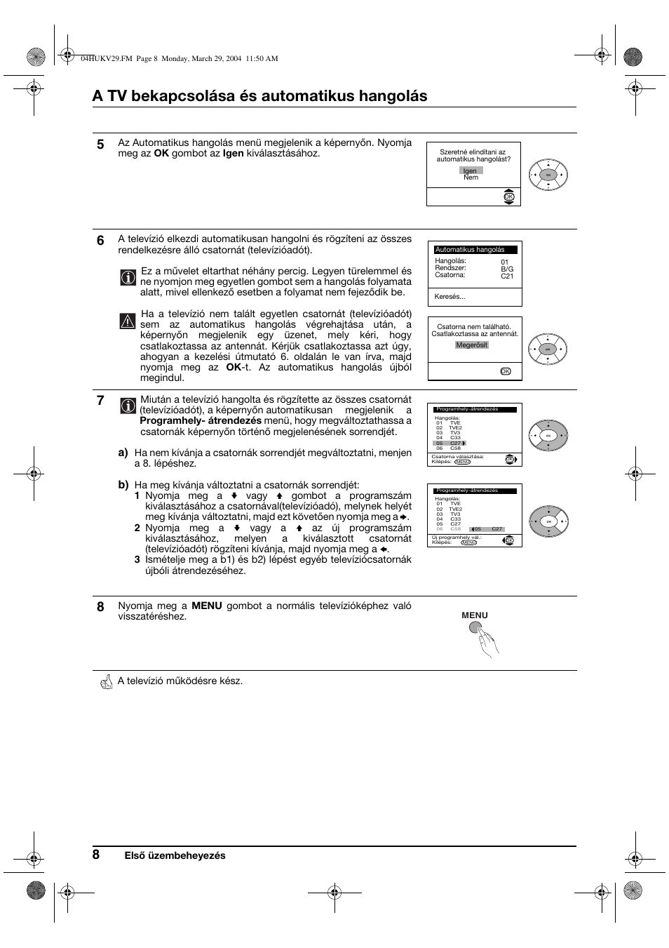 A tv bekapcsolása és automatikus hangolás | Sony KV-29XL70K User Manual | Page 68 / 124