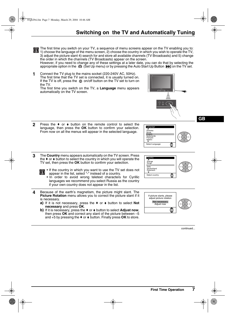 Switching on the tv and automatically tuning | Sony KV-29XL70K User Manual | Page 7 / 124