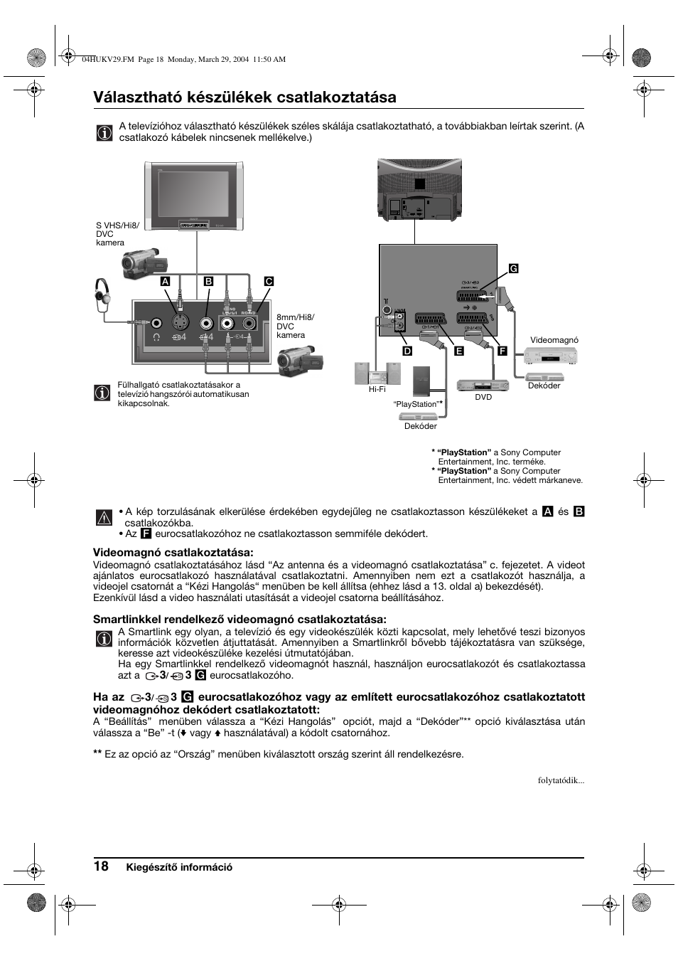 Választható készülékek csatlakoztatása | Sony KV-29XL70K User Manual | Page 78 / 124