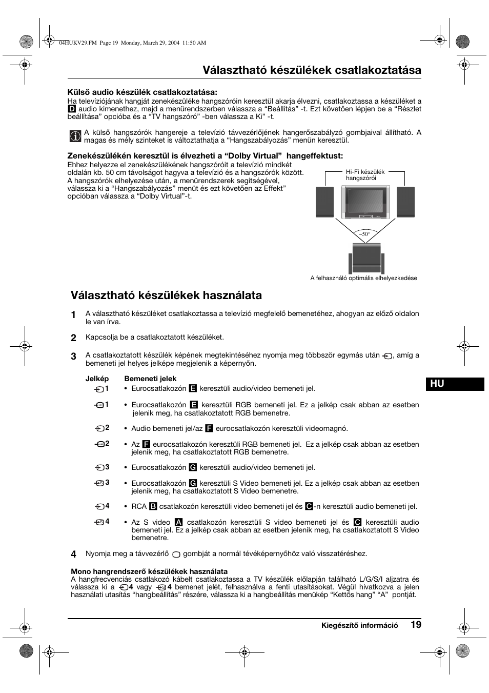 Választható készülékek csatlakoztatása, Választható készülékek használata | Sony KV-29XL70K User Manual | Page 79 / 124