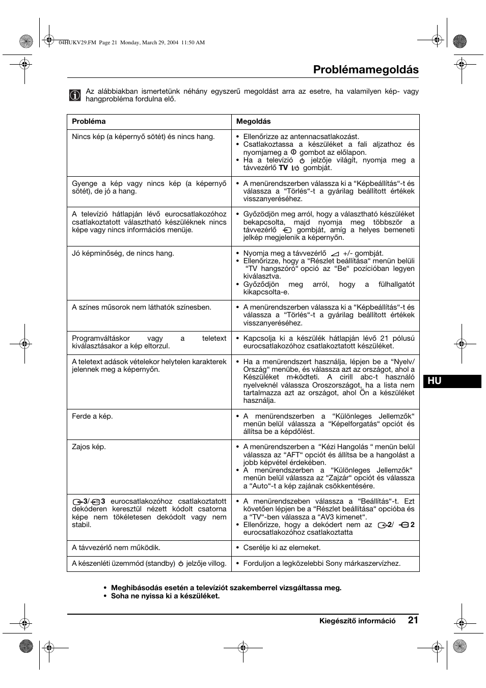 Problémamegoldás | Sony KV-29XL70K User Manual | Page 81 / 124