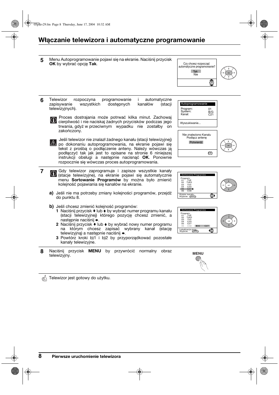 Włączanie telewizora i automatyczne programowanie | Sony KV-29XL70K User Manual | Page 88 / 124