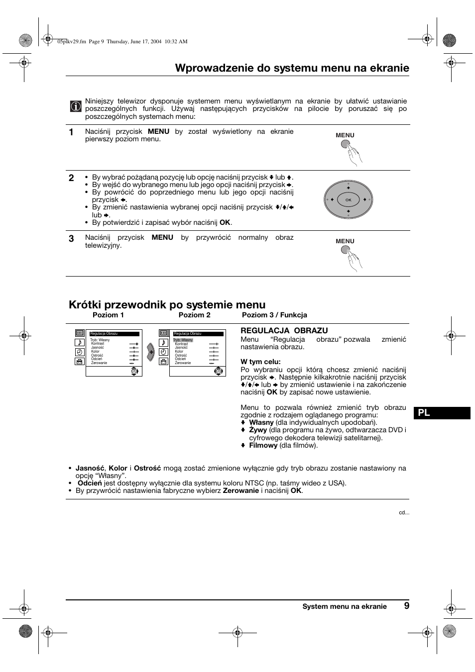 Wprowadzenie do systemu menu na ekranie, Krótki przewodnik po systemie menu | Sony KV-29XL70K User Manual | Page 89 / 124