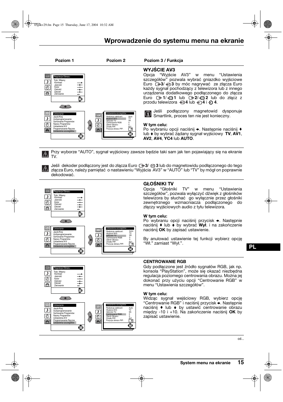Wprowadzenie do systemu menu na ekranie, Wyjście av3, Głośniki tv | Sony KV-29XL70K User Manual | Page 95 / 124