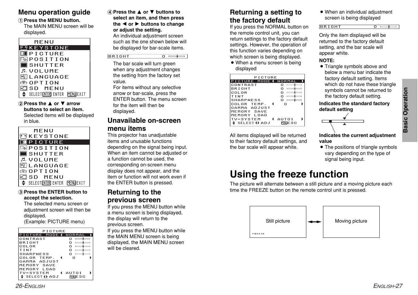 Using the freeze function, Returning a setting to the factory default, Menu operation guide | Unavailable on-screen menu items, Returning to the previous screen | Panasonic PT-AE200U User Manual | Page 14 / 34