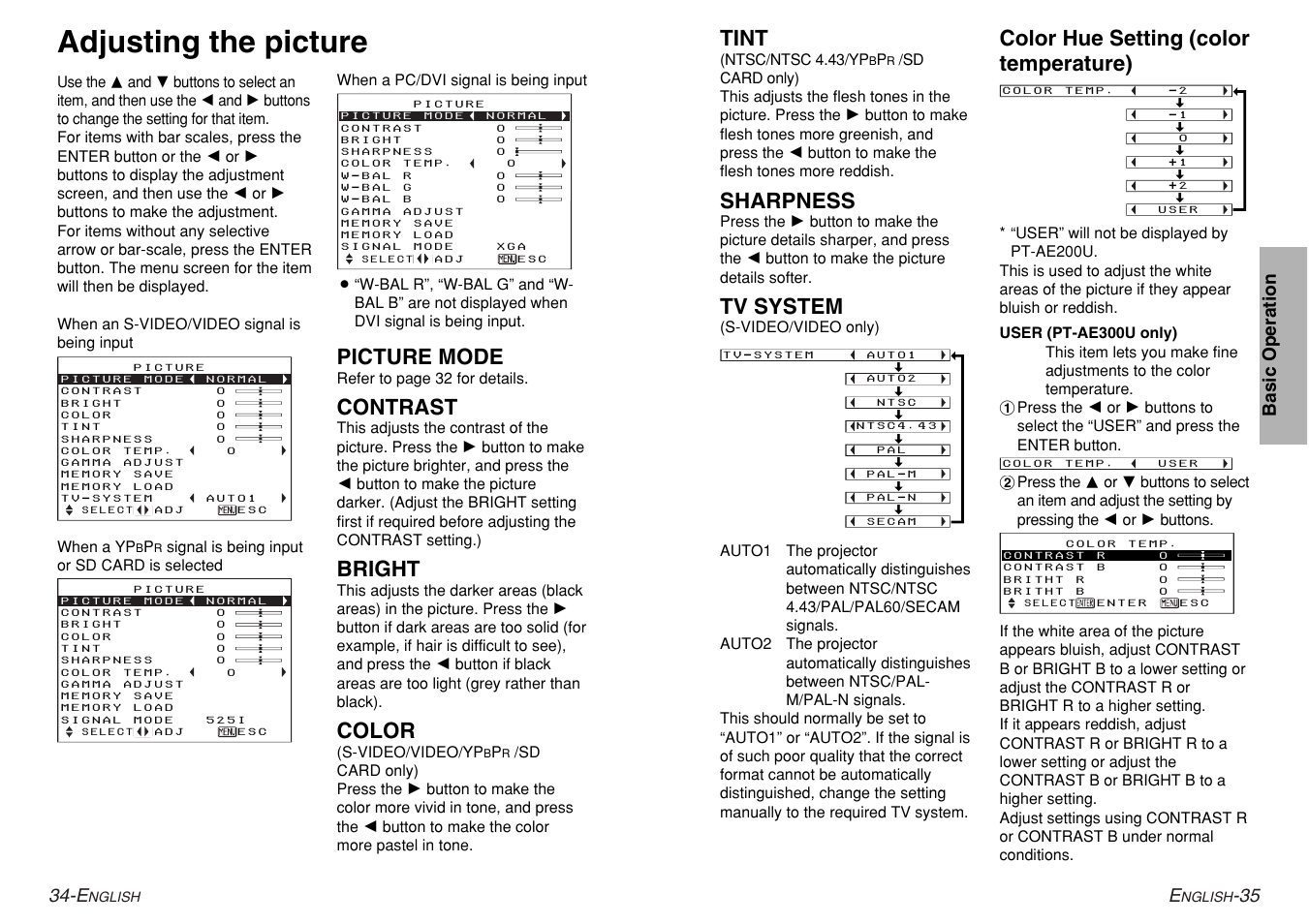 Adjusting the picture, Tint, Sharpness | Tv system, Color hue setting (color temperature), Picture mode, Contrast, Bright, Color | Panasonic PT-AE200U User Manual | Page 18 / 34