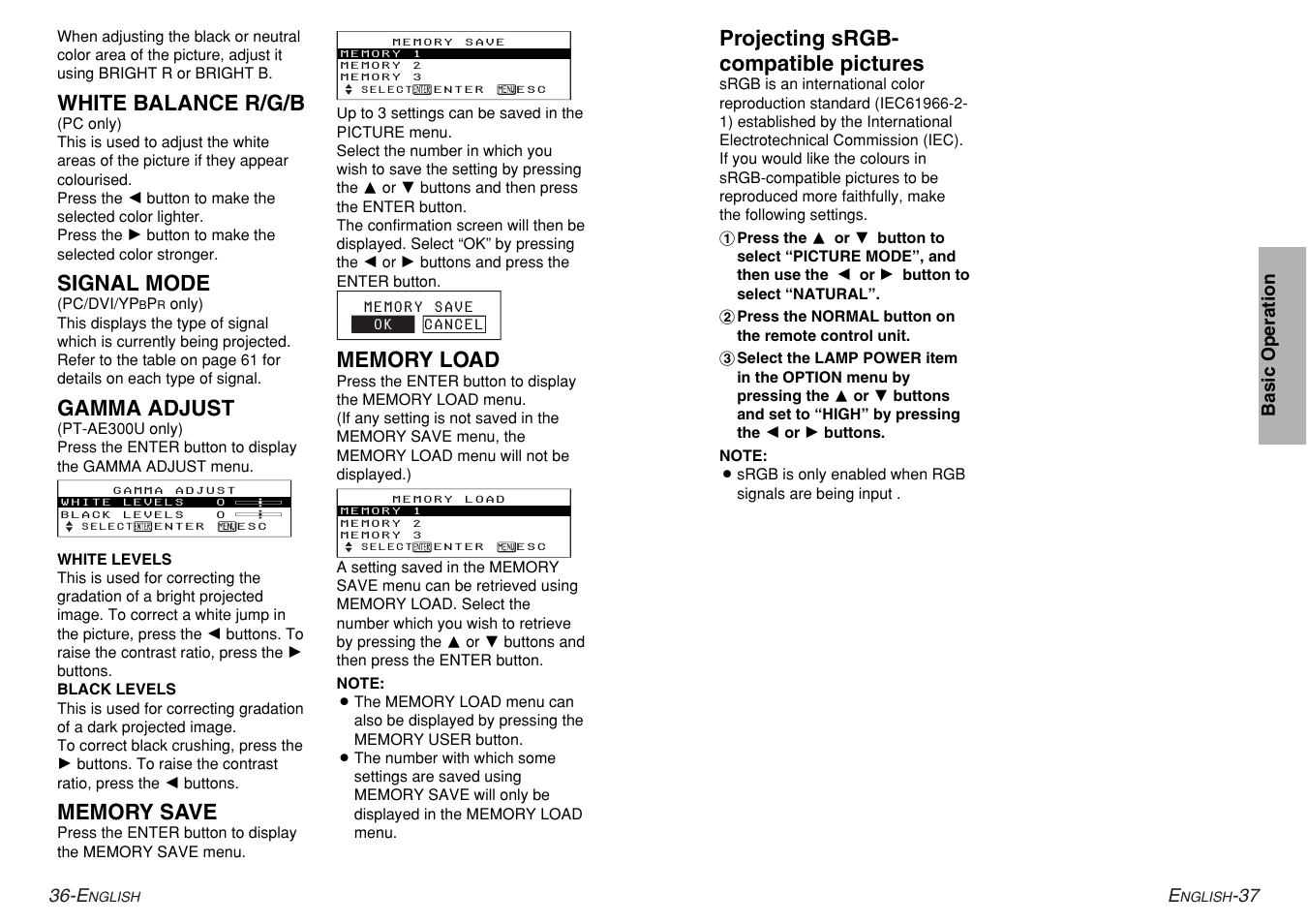 Projecting srgb- compatible pictures, White balance r/g/b, Signal mode | Gamma adjust | Panasonic PT-AE200U User Manual | Page 19 / 34