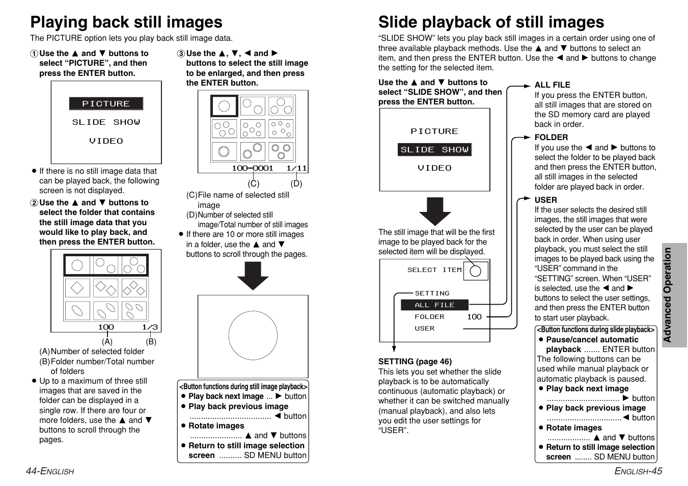 Playing back still images, Slide playback of still images | Panasonic PT-AE200U User Manual | Page 23 / 34