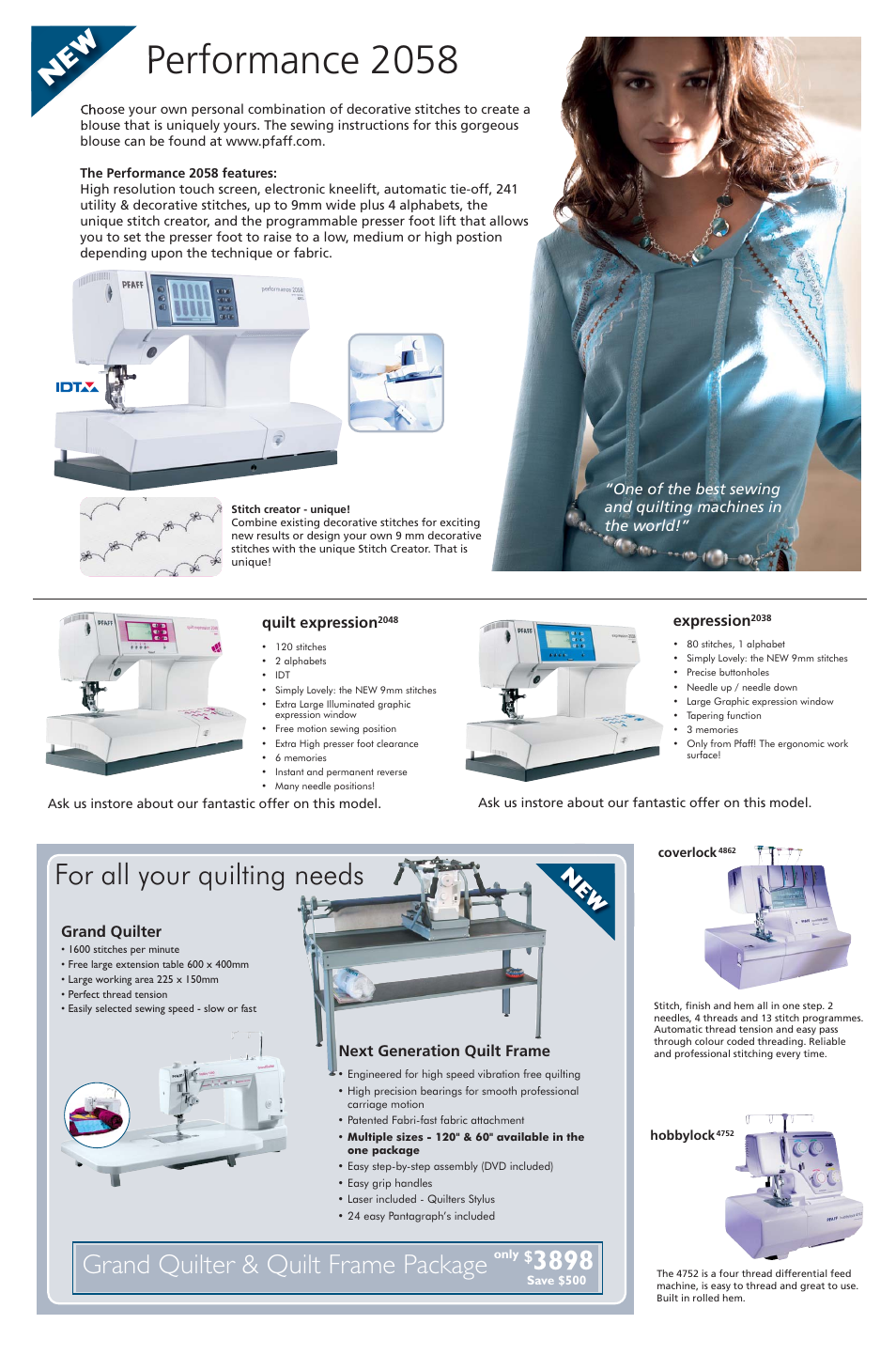 Performance 2058, For all your quilting needs, Grand quilter & quilt frame package | Pfaff hobby 1142 User Manual | Page 2 / 4